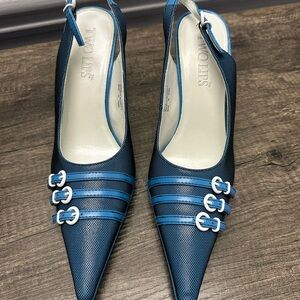 TWO LIPS Blue Buckled Pointed Slingback 4” Heels Traction Soles